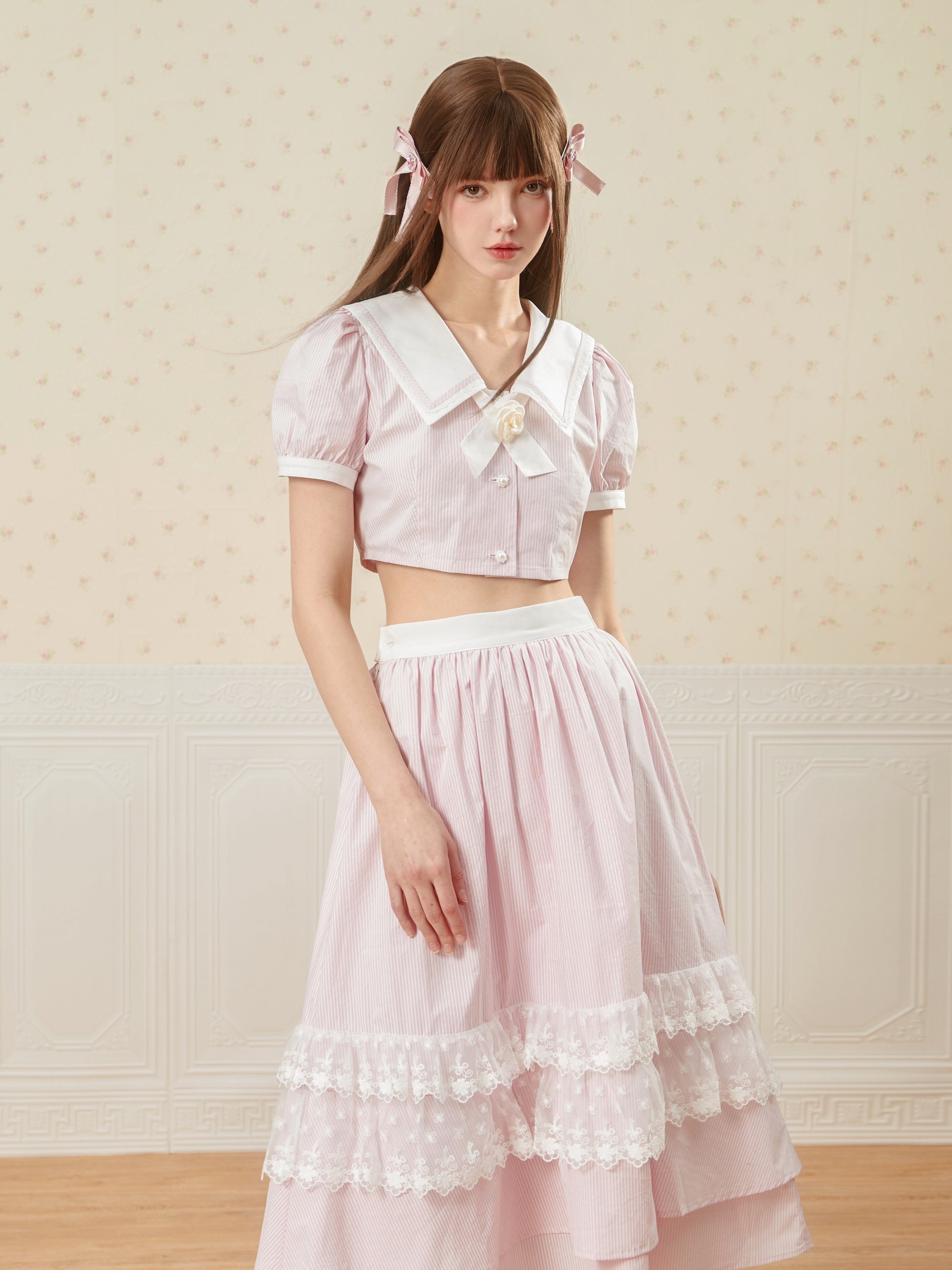 Stripe Sweet Puff Sleeve Top &amp; 2LENGTHE SKIRT