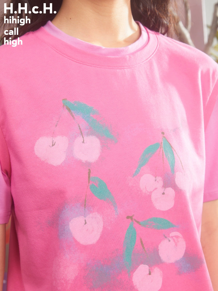 Gradient Cherry Print Fake Two-piece T-shirt