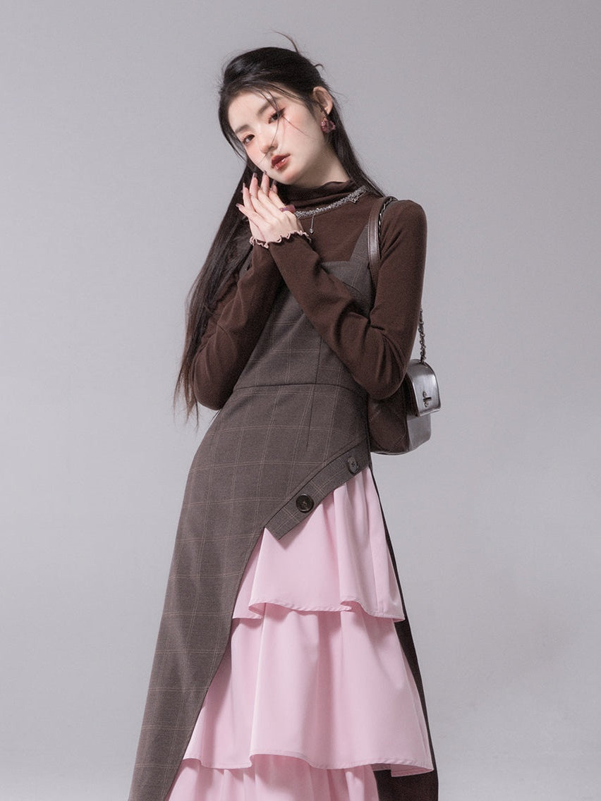 Contrast Color Suspender Dress &amp;  Neckline Shirting Bottom Shirt Set-up