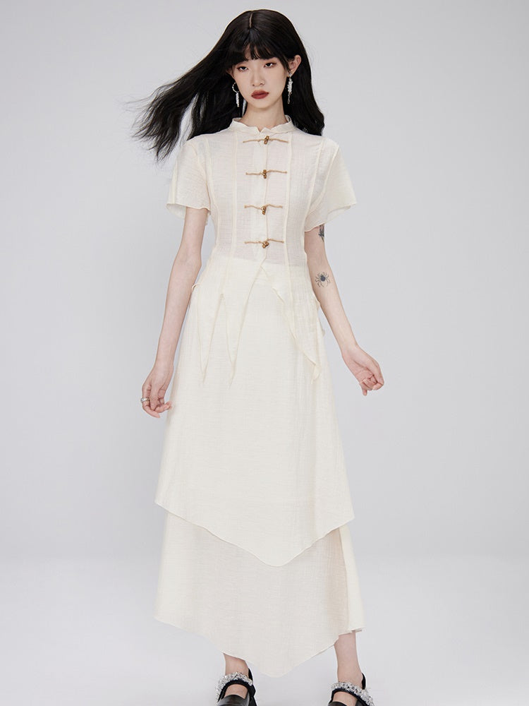 Irregular Hem Sheer Shirt ＆ Layered Design Skirt