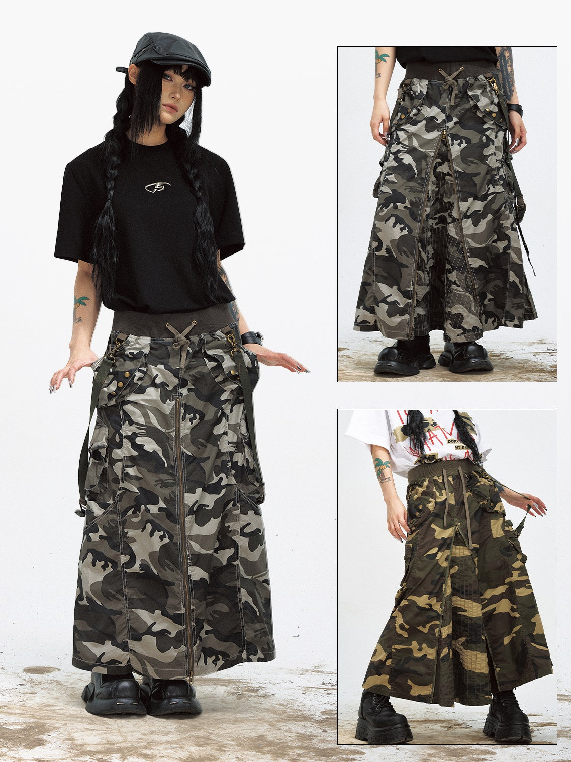 Camouflage Zipper Slit Work Maxi Skirt