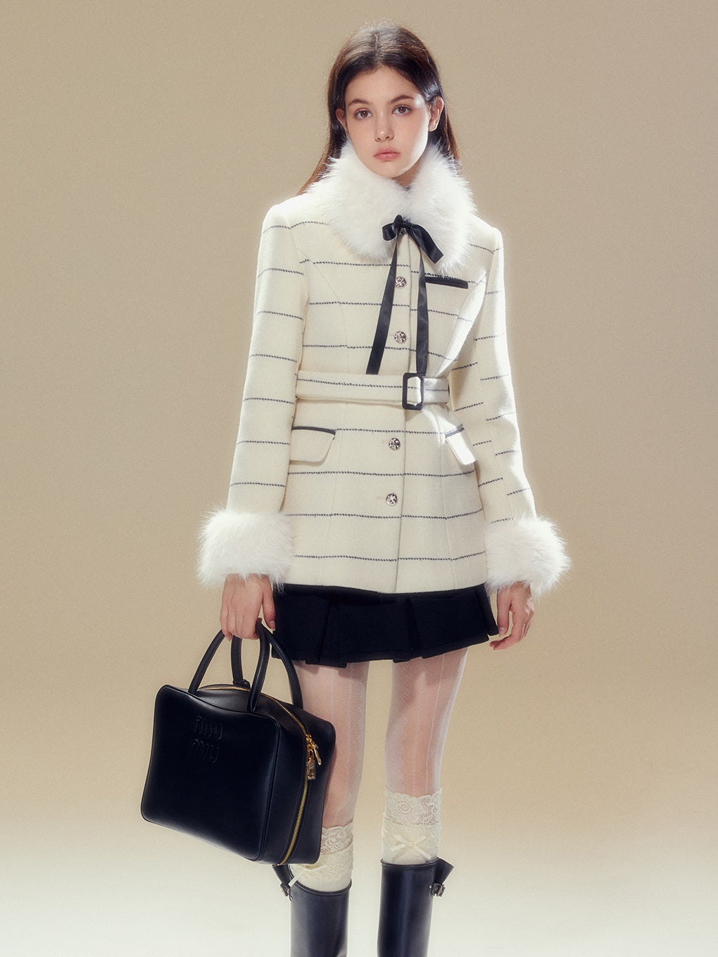 Fur Collar Border Belt Coat