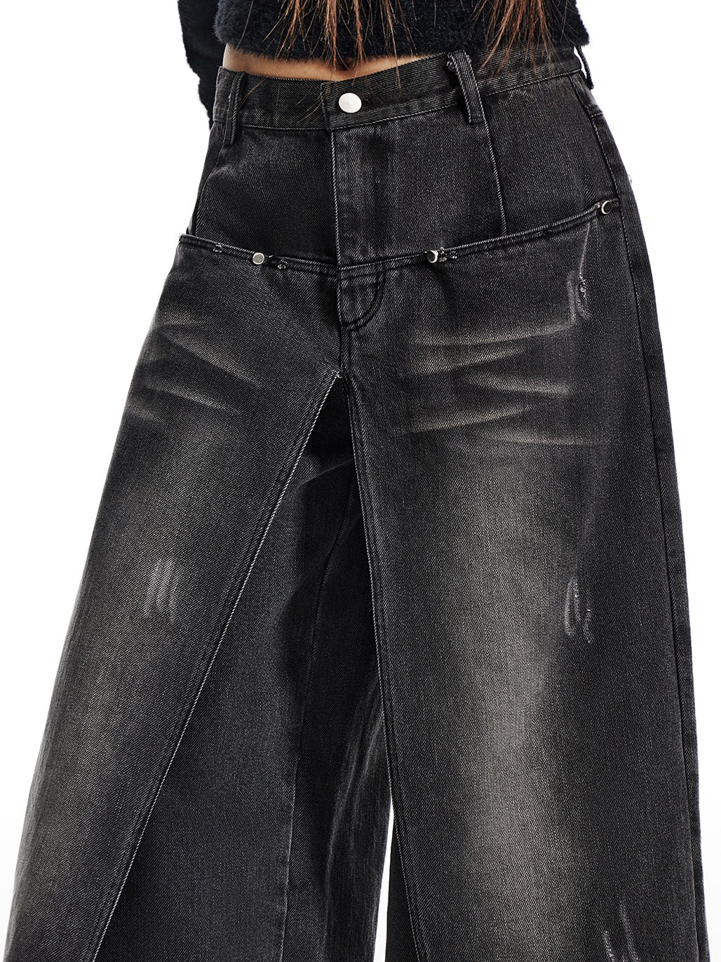 Washed Layered Design Wide-leg Jeans