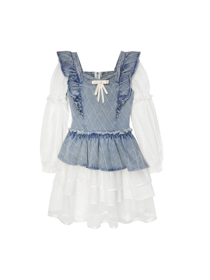 Small Flying Sleeve Stitching Denim Fake Two-piece Dress