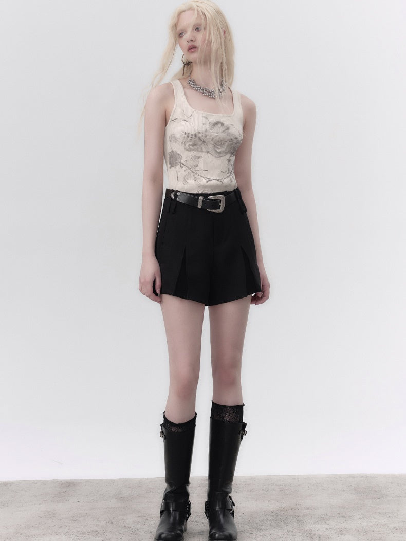 Double Belt Three-dimensional Pleated Shorts