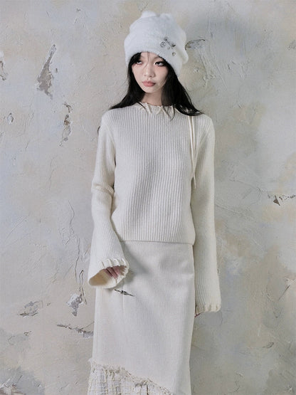 Bell Sleeve Crochet Round Neck Knitted Pullover