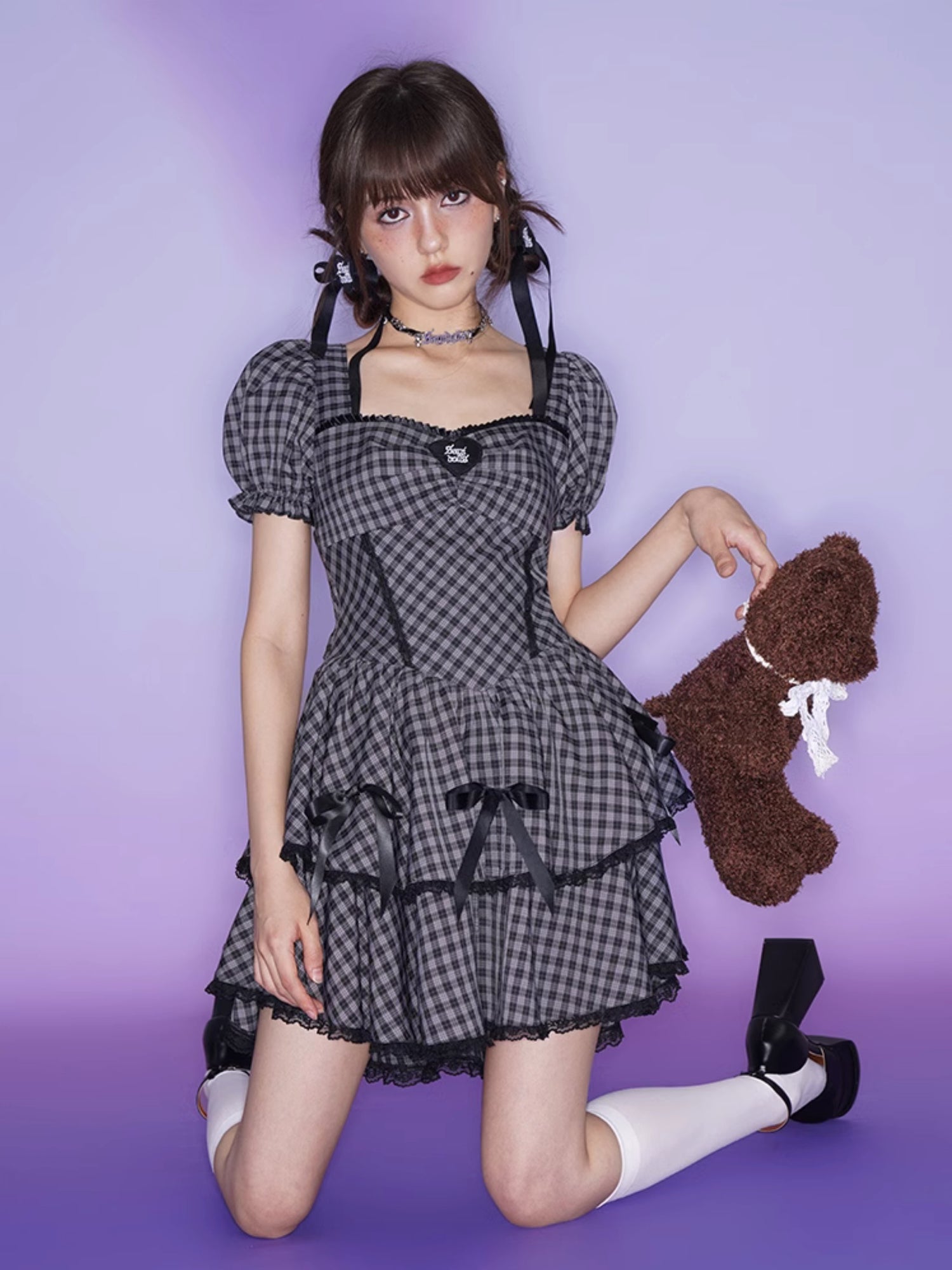 Back Hollow Check Ribbon One-piece