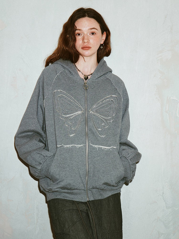 Butterfly Embroidery Loose ZIP-Up Hooded Sweat