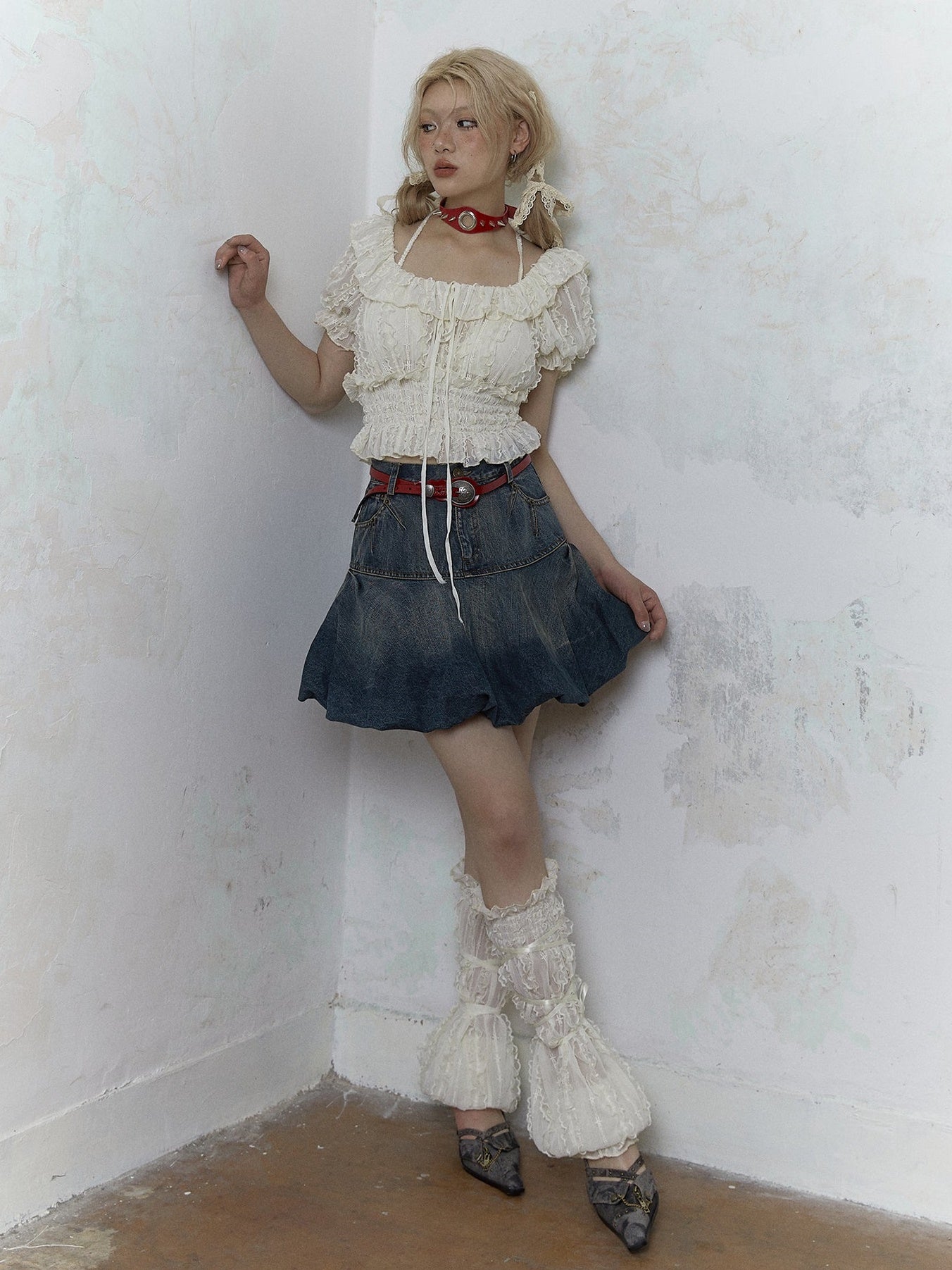 Fairy Three-dimensional Lace Puff Sleeve Short Top &amp; Long Sleeve