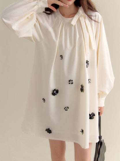 Flower Sequins Neck-Ribbon Loose Chic Dress