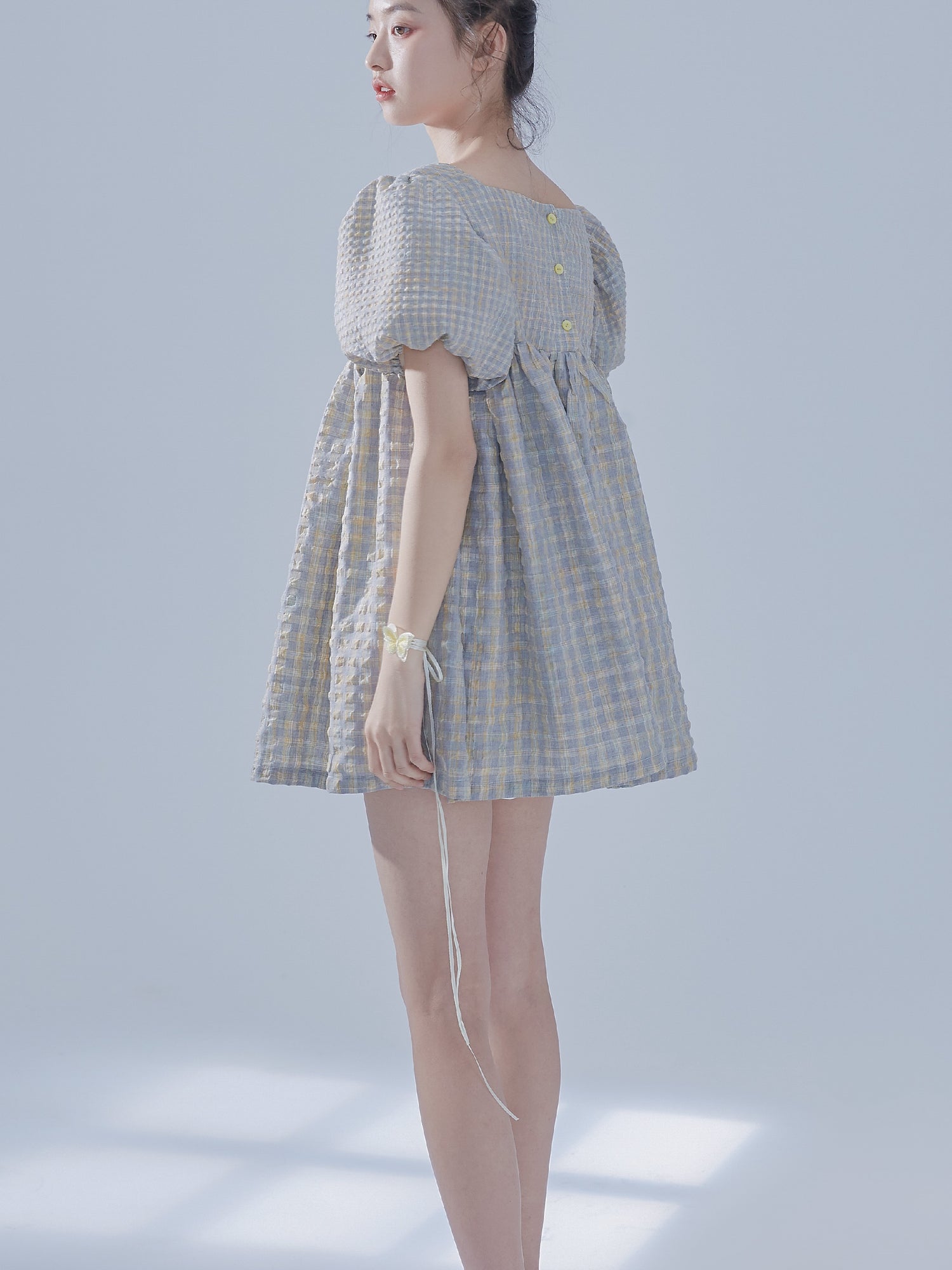 Plaid Puff Sleeve Square Collar Puffy Baby Doll One-piece