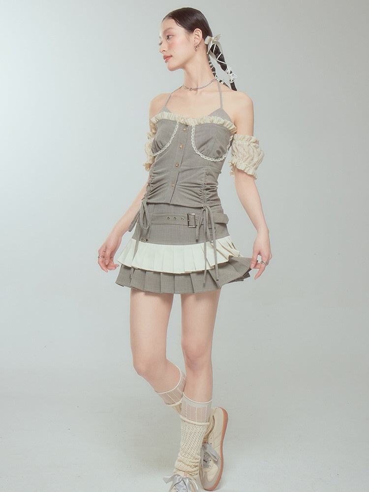 Halter Neck Suspender Top &amp; Short Pleated Cake Skirt