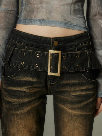 Wide Belt Washed Gradient Micro-flare Jeans