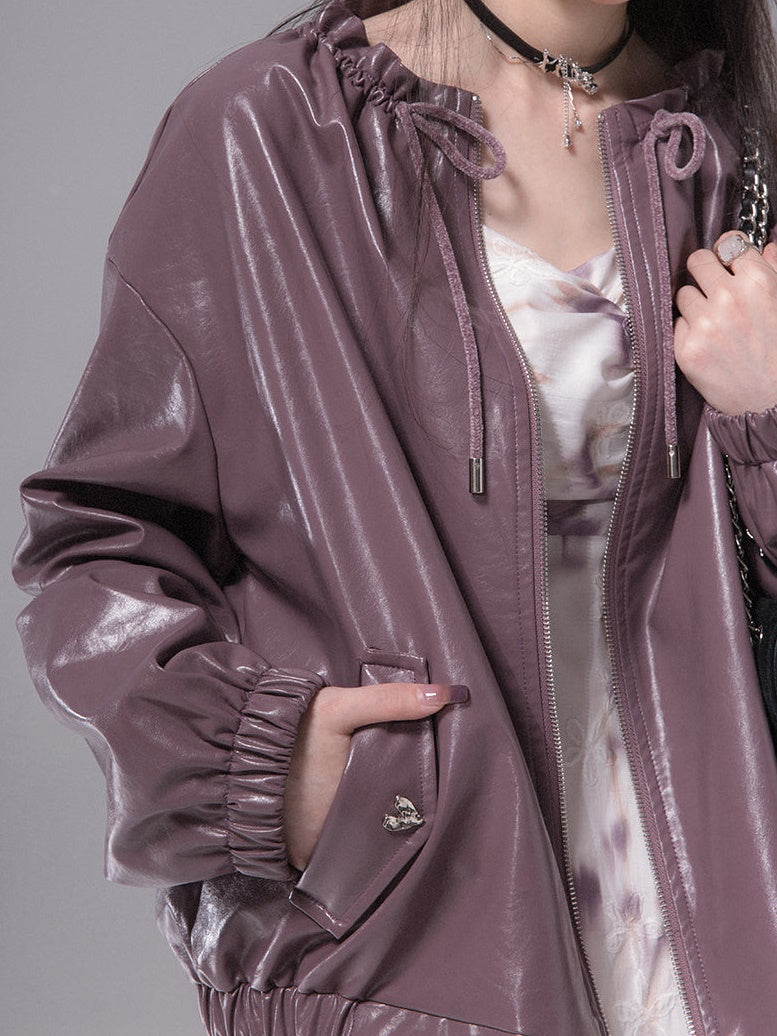 Drawstring Neck PU Leather Jacket