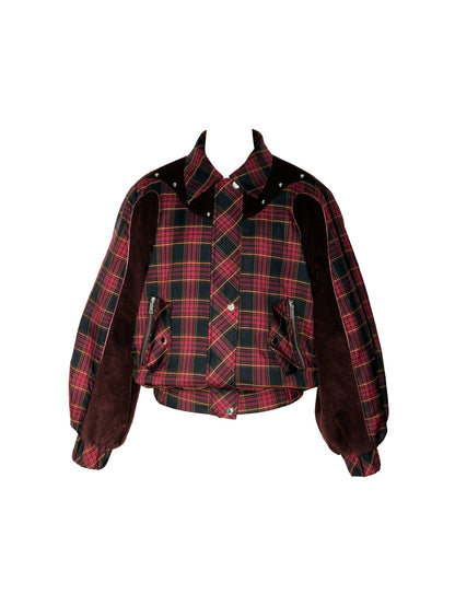 Plaid Stitching Strip Design Short Padded Jacket &amp; Pleated Skirt