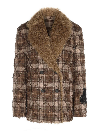 Plaid Design Fluffy Collar Coat