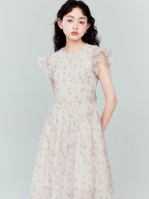 Flying Sleeve Lace Ruffled Dress