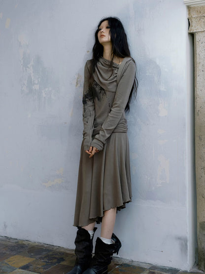 Wandering Style Pleated Slant Cut Hooded Dress