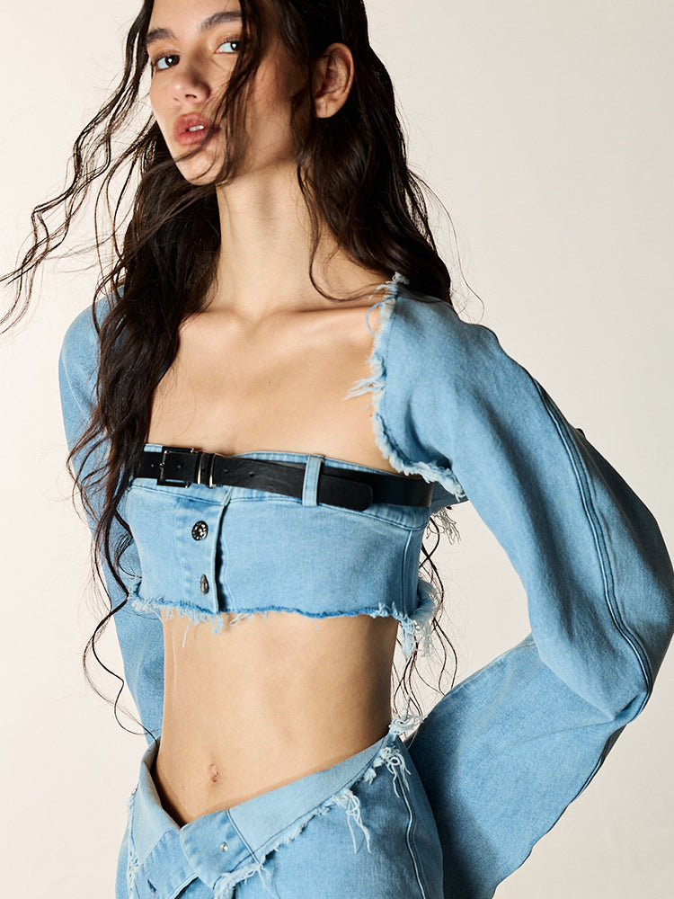 Leicht gewaschener Denim Bolero &amp; Tube Top &amp; Micro Minirock