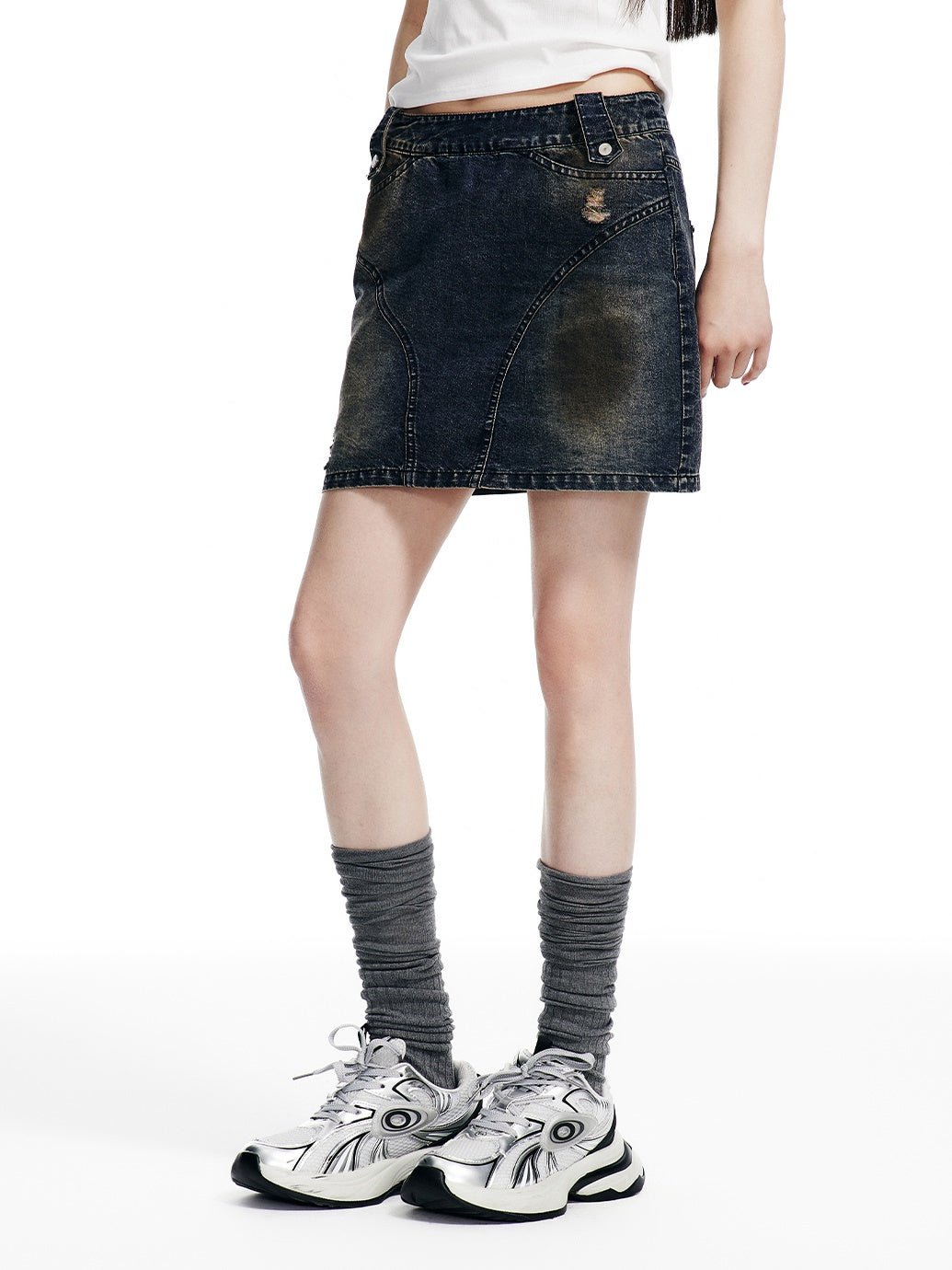 Holes Washed Denim Skirt