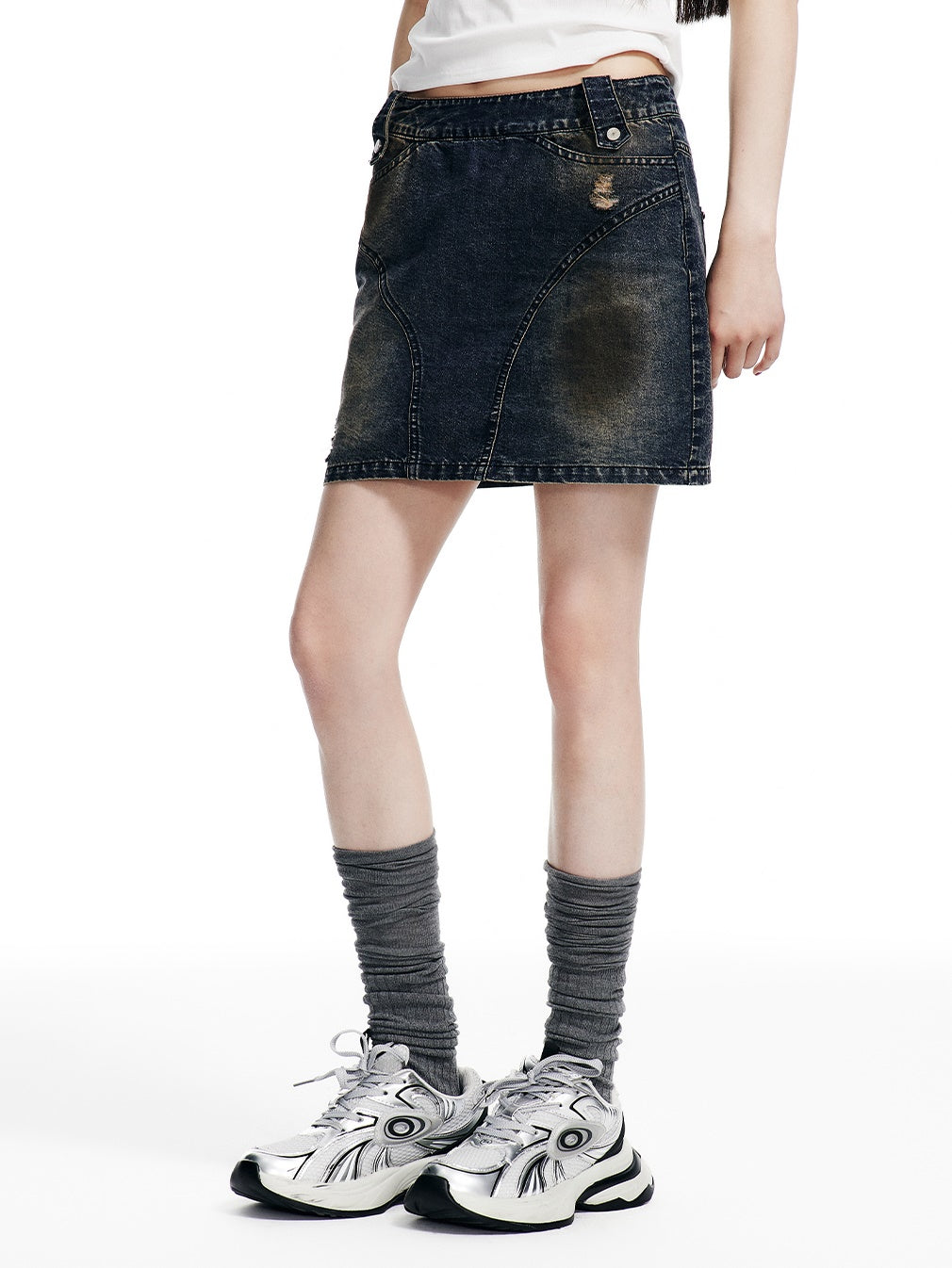 Holes Washed Denim Skirt