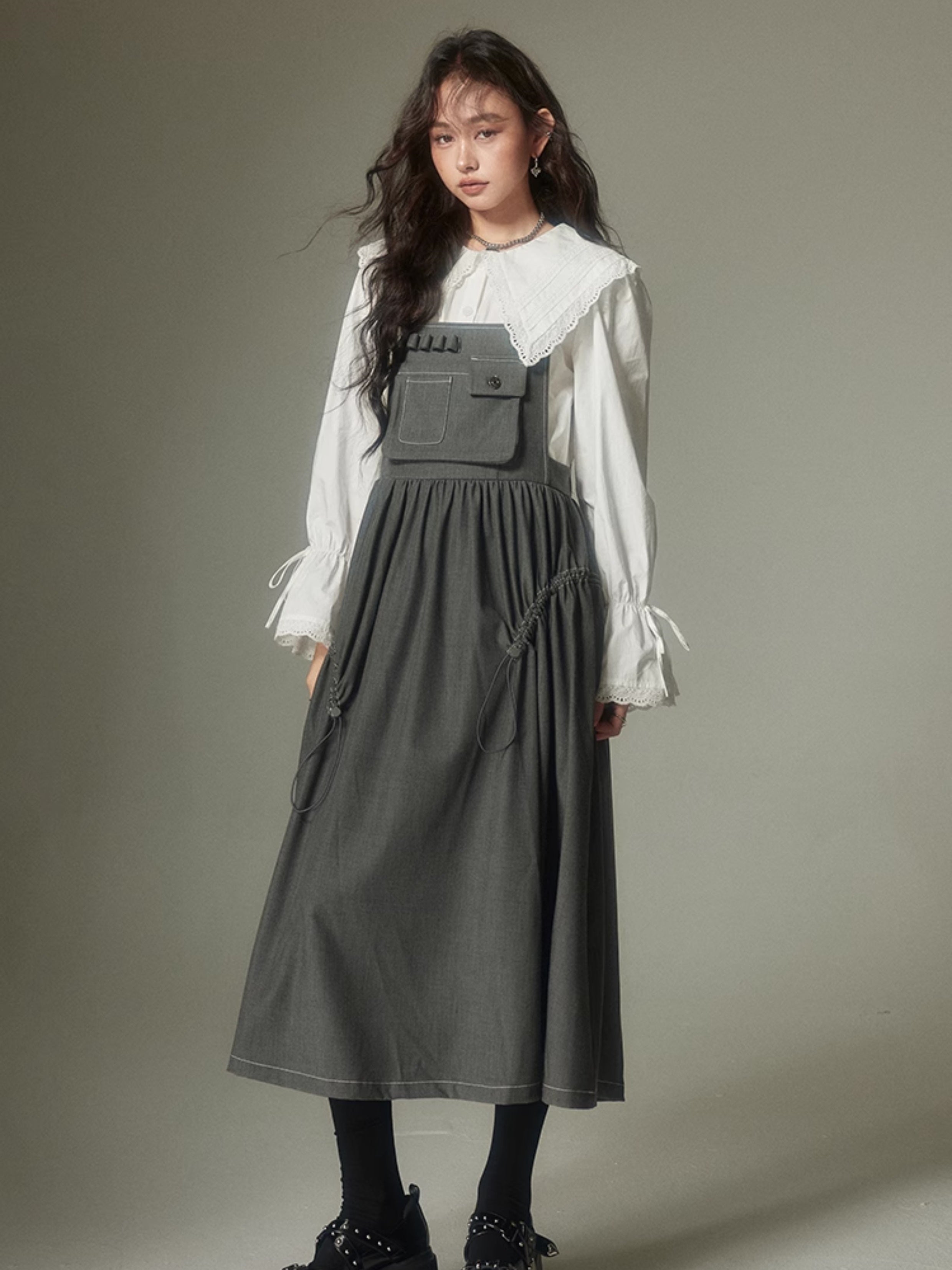 High Waist Gather Suspender Skirt