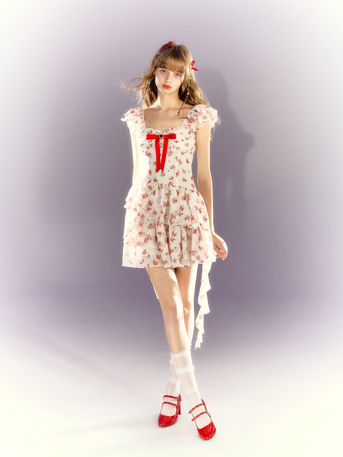 Floral Square Neck Small Flying Sleeve Ruffle Dress