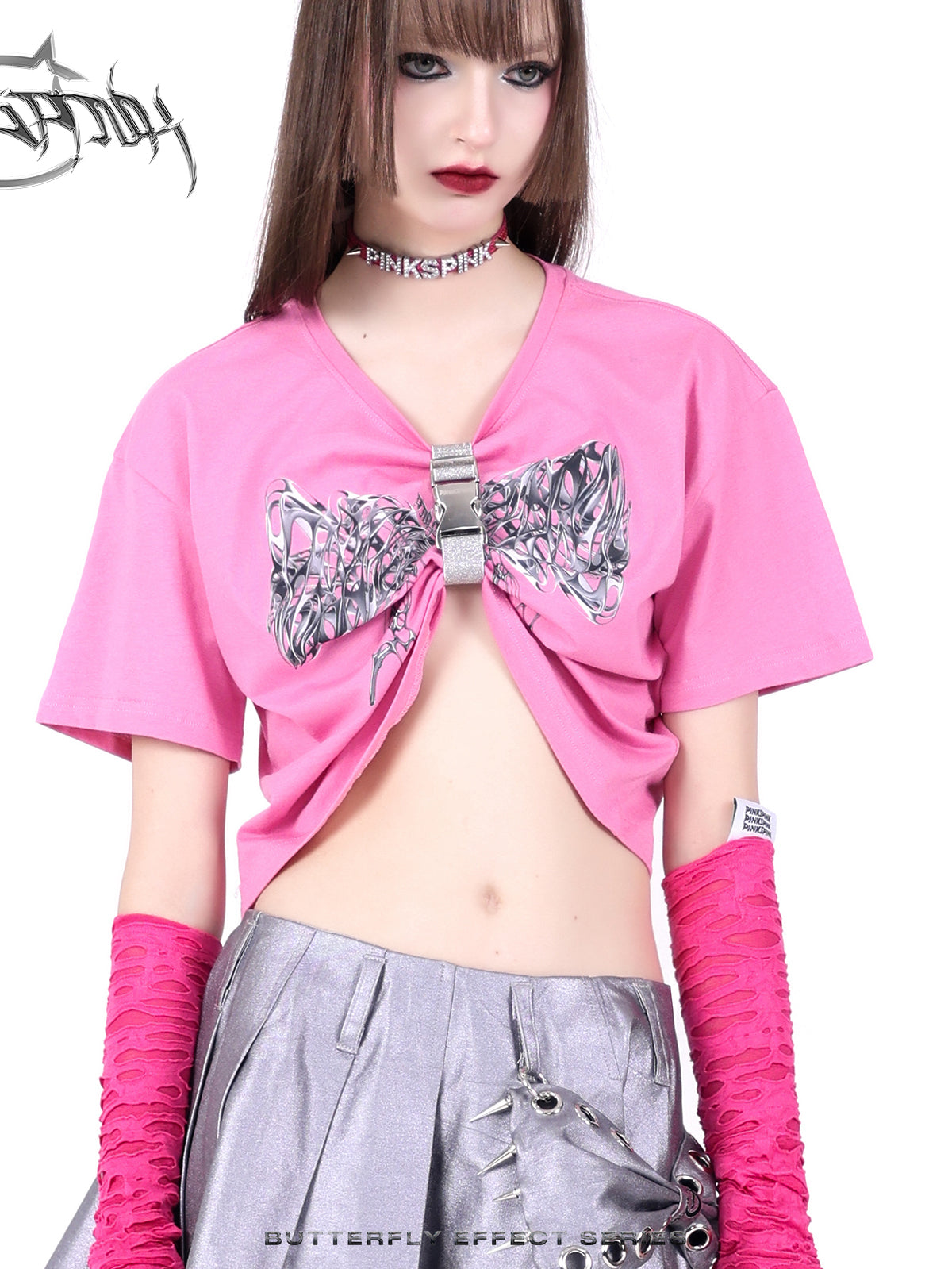 Arm-Cover Ribbon Arrange Short T-Shirt