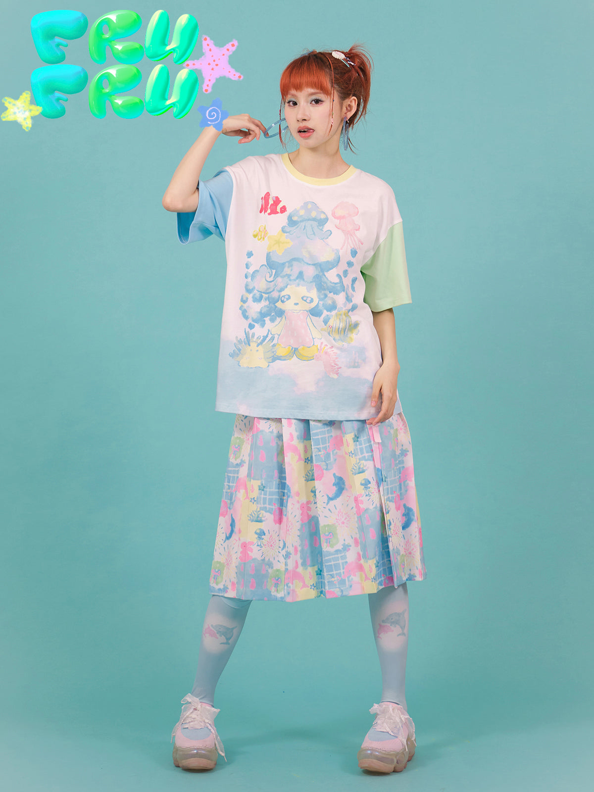 Cartoon Dolphin Printed Pleated Skirt