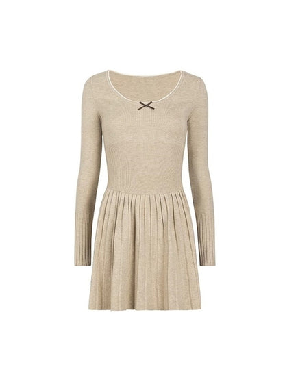 Knit Retro Ribbon Square-Neck Pleats Dress