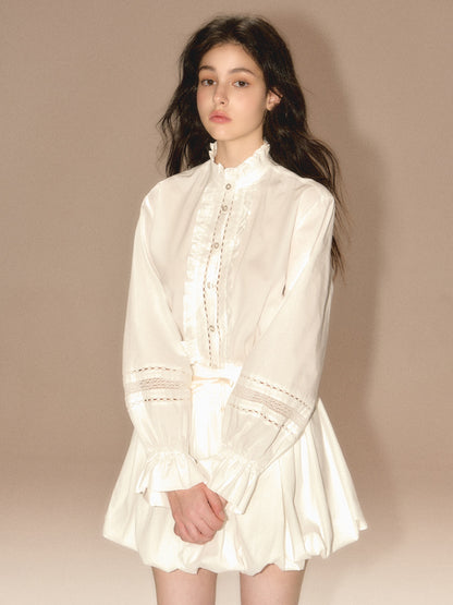 Lace Hollow Stand Collar Lantern Sleeve Shirt