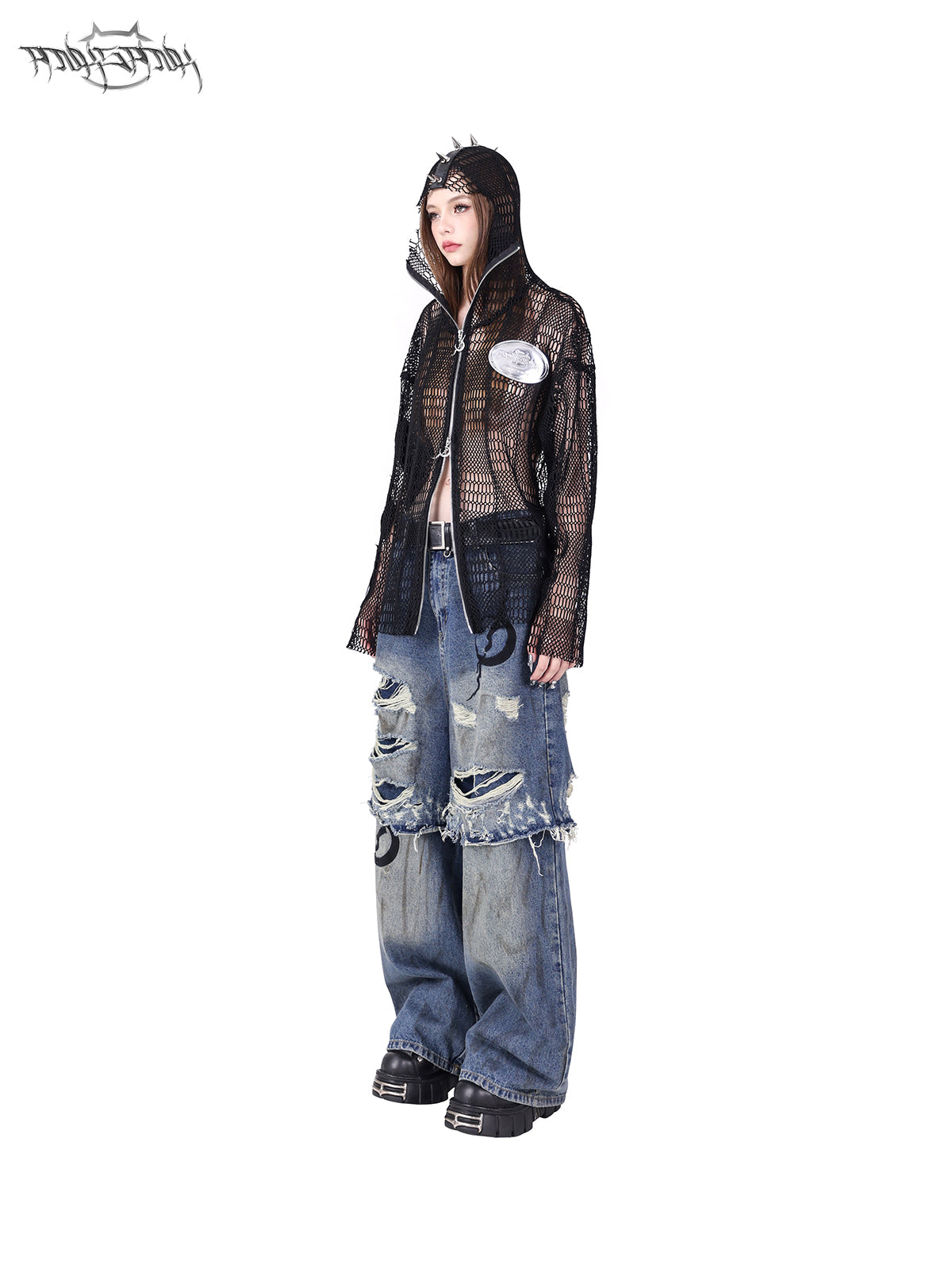 Rivet Punk Hooded Mesh Patch Patch Broidered Veste