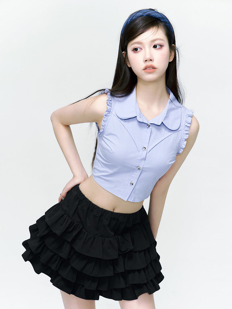 Frill Tiered Cropped Short Blouse &amp; Vest &amp; Skirt