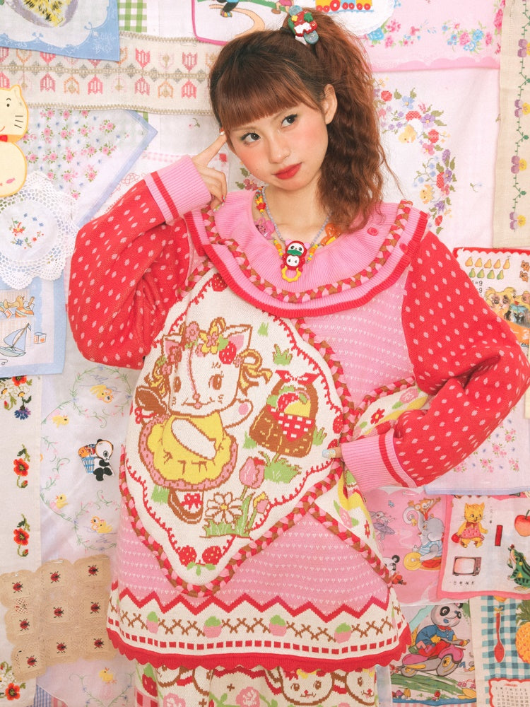 Large Lapel Cat Strawberry Jacquard Pullover Sweater