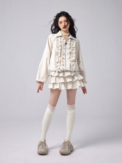 Ruffled POLO Collar Swing Jacket ＆ Cake Skirt