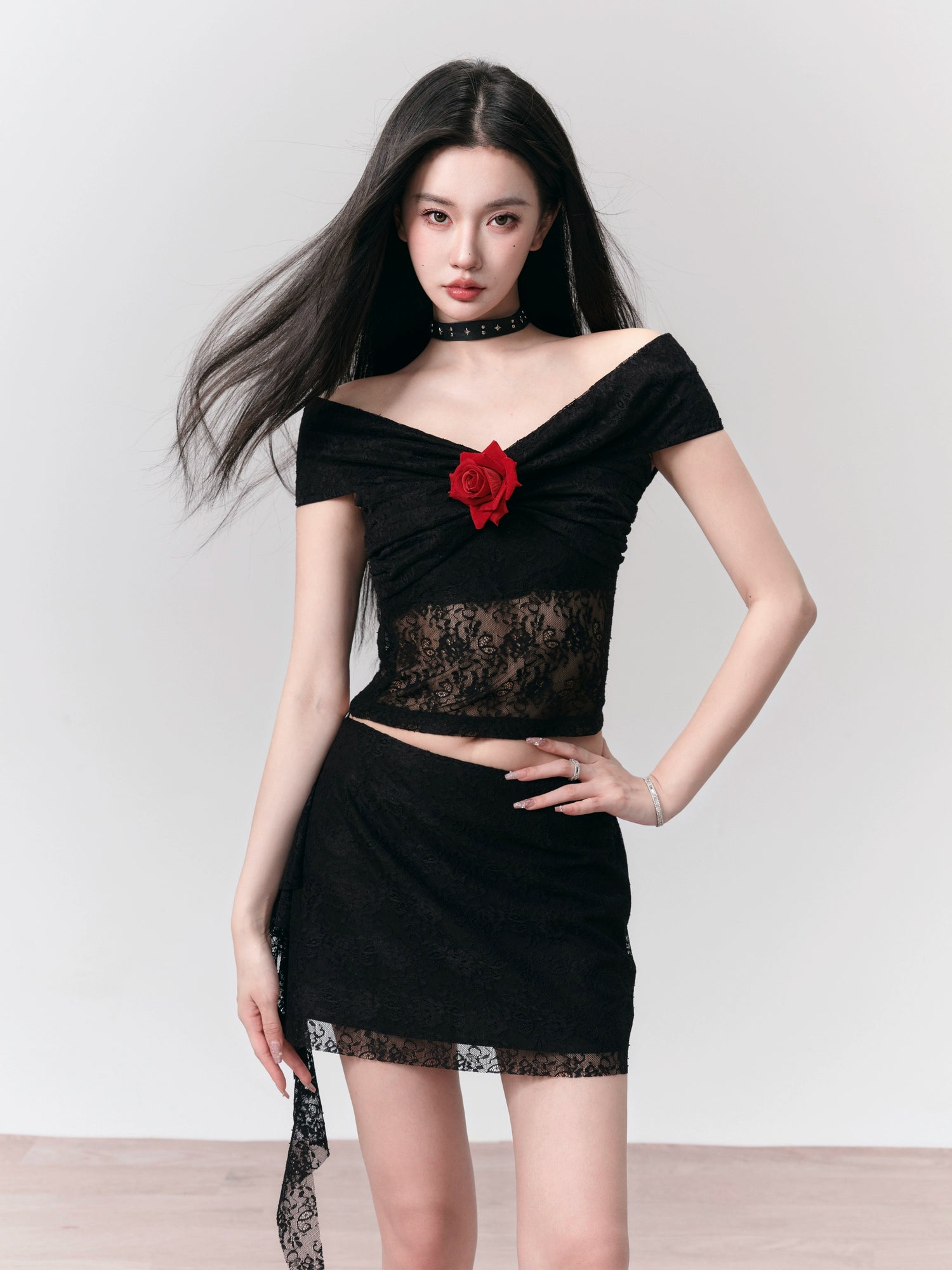 Floyd Rose Lace Slim Off-Shoulder Top &amp; Ruffle Skirt