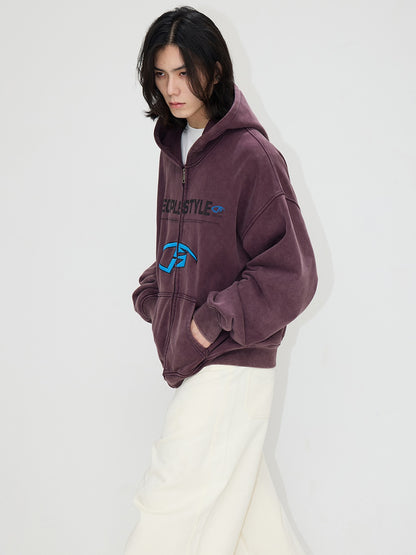 Embroidery Heavy Washed ZIP-Up Hoodie