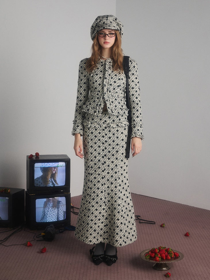 Polka Dot Tweed No-Collar-Jacke &amp; Rock