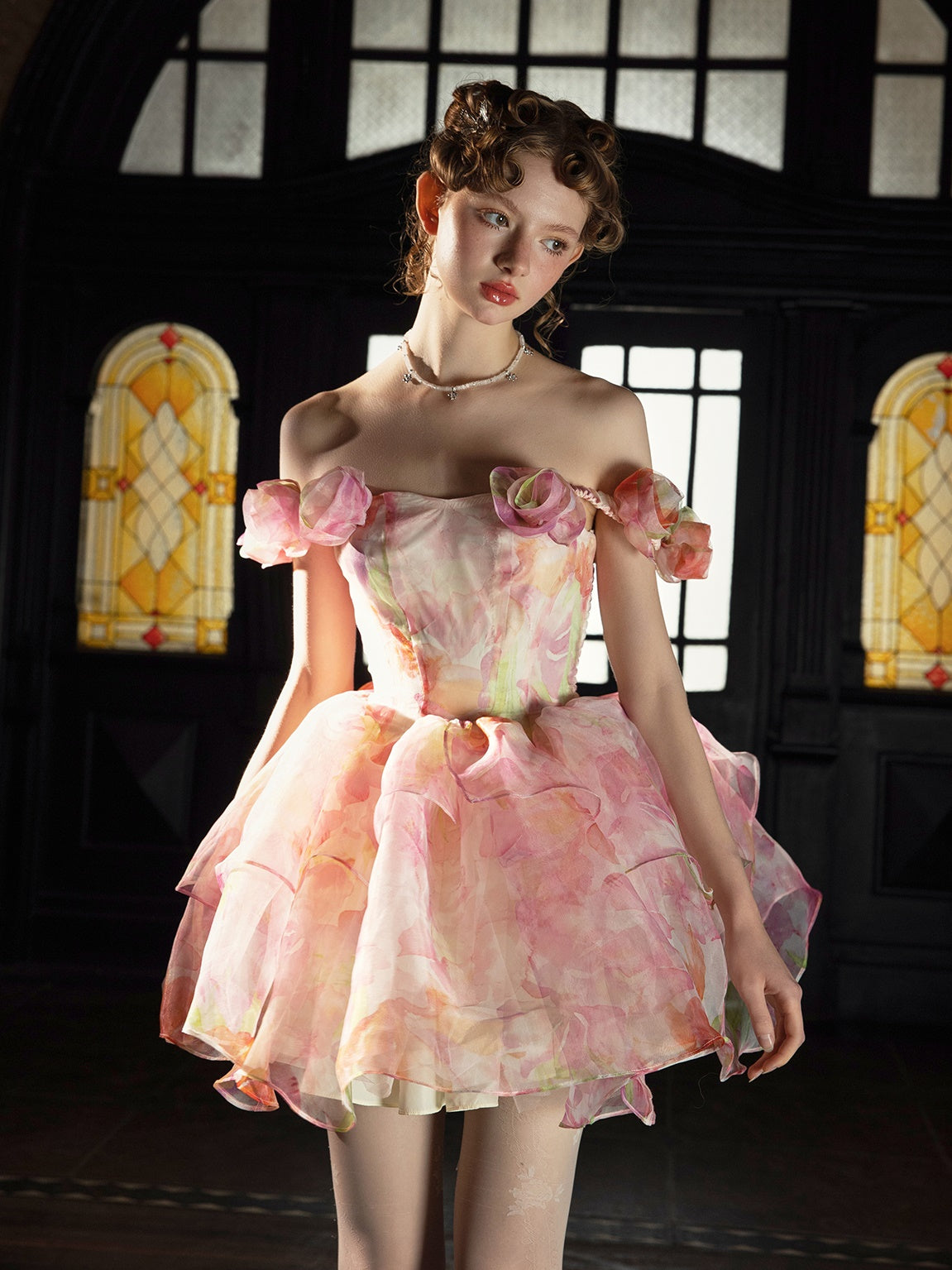 Smudged Three-dimensional flower 2way fluffy Dress