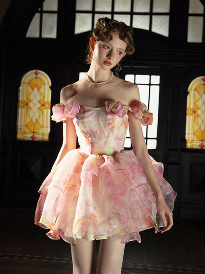 Smudged Three-dimensional Flower 2Way Fluffy Dress