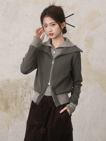 Double-collar Fake Two-piece Contrasting Color Cardigan