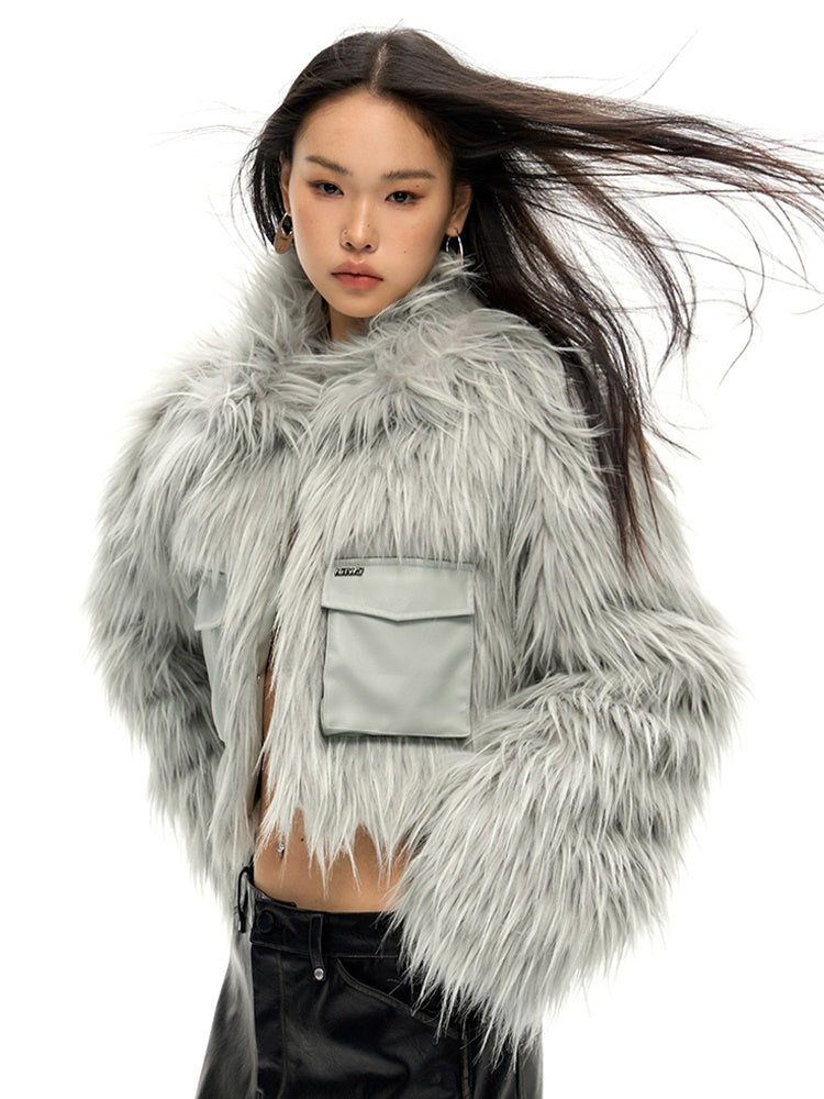 Work Pocket Long Hair Short Eco-friendly Fur Jacket