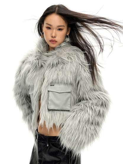 Work Pocket Long Hair Short Eco-friendly Fur Jacket