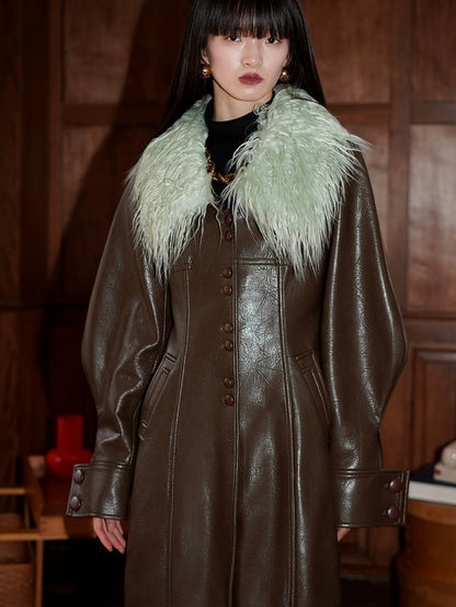 Fur Collar Slim Long Leather Coat