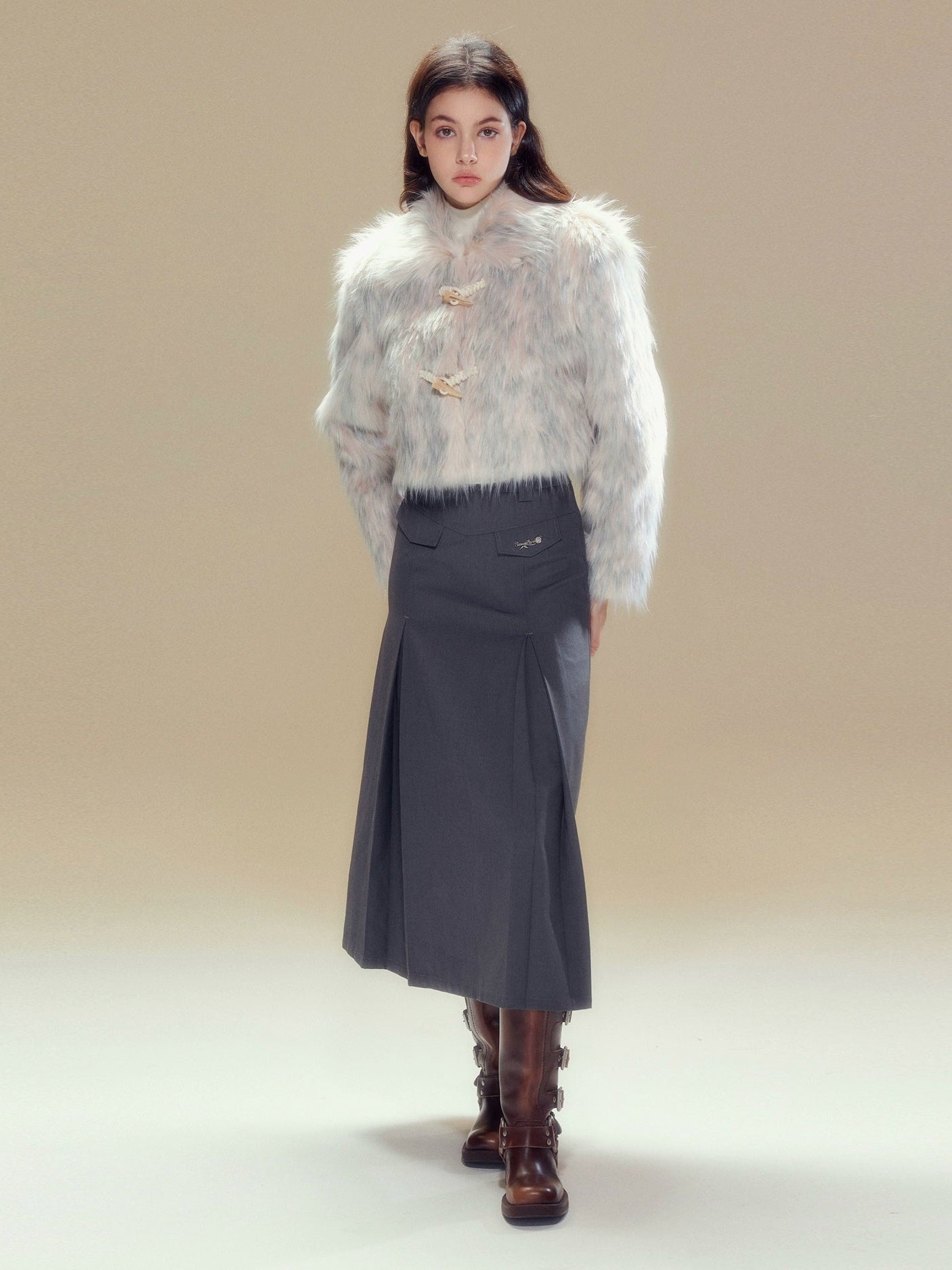 Long Hair Horn Button Friendly Fur Jacket &amp; Box Pleated Skirt