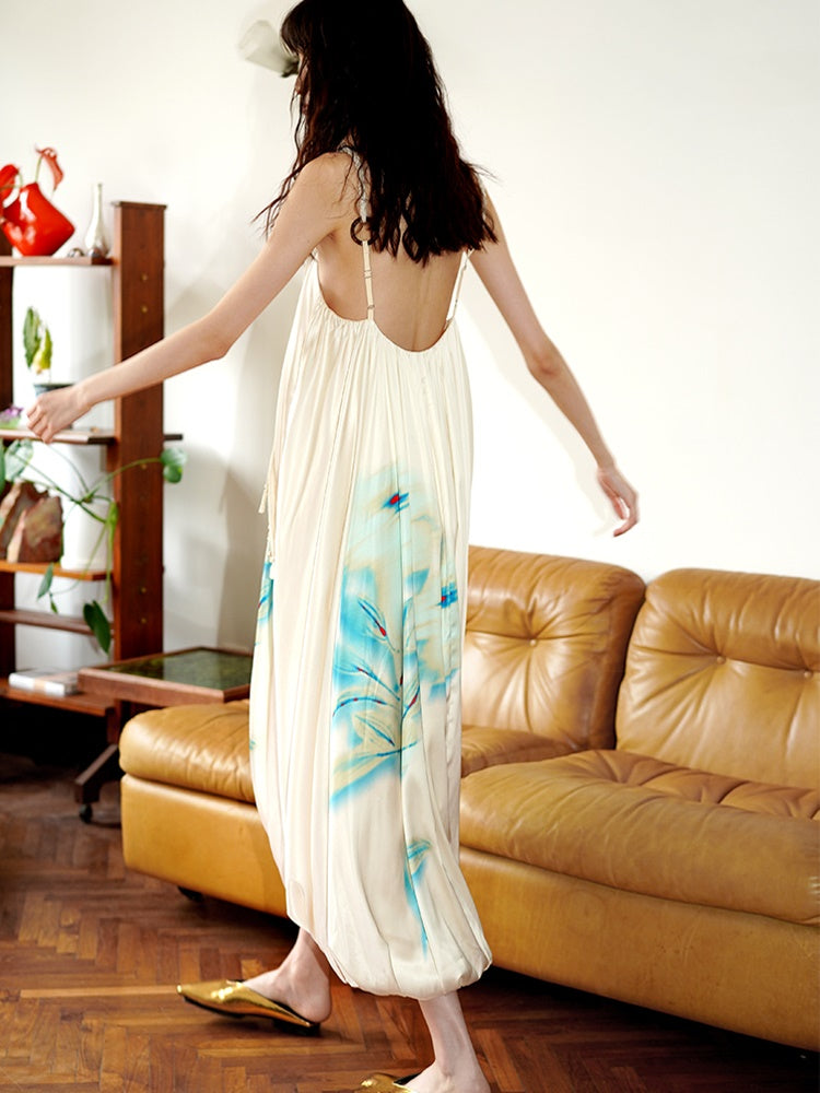 Chinese Print Loose Lantern Long Dress