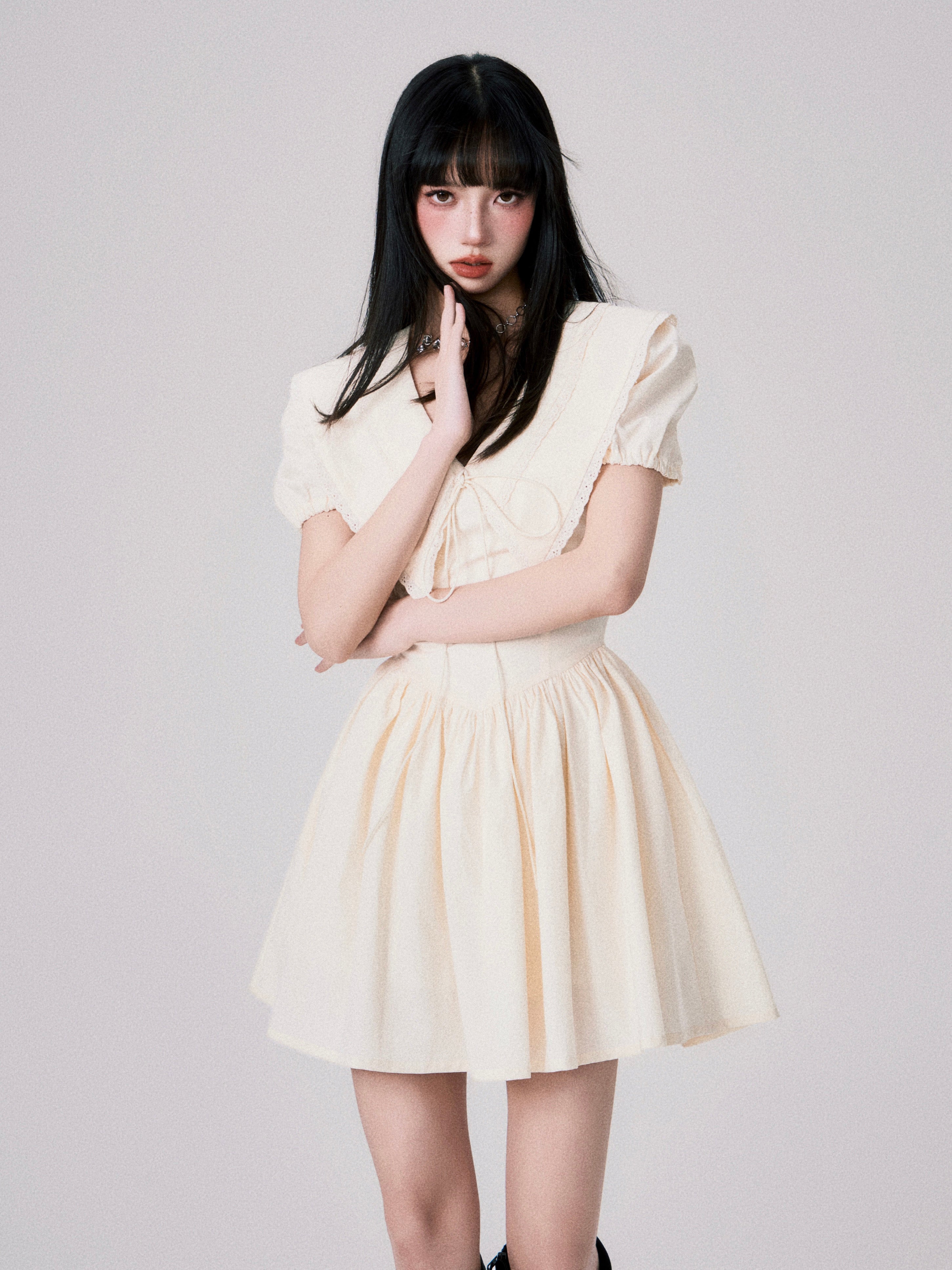 Babydoll Collar Puff Sleeve Short One-piece