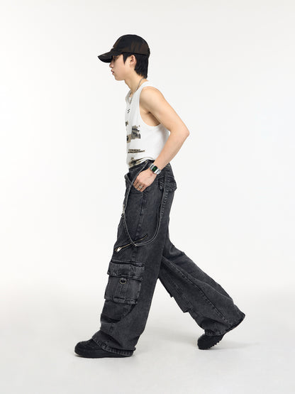 Retro Suspender Design Stitching Denim Pants