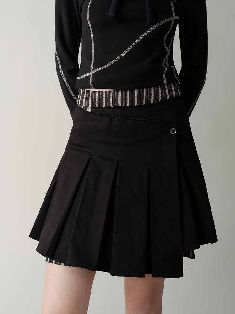 High Waist Striped Splicing Pleated Skirt