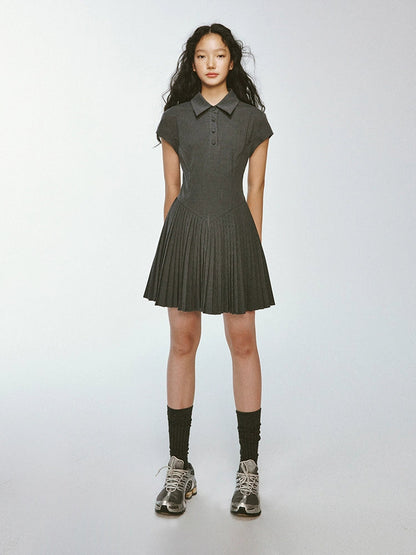 College Style Pleated Stitching Striped Polo Dress